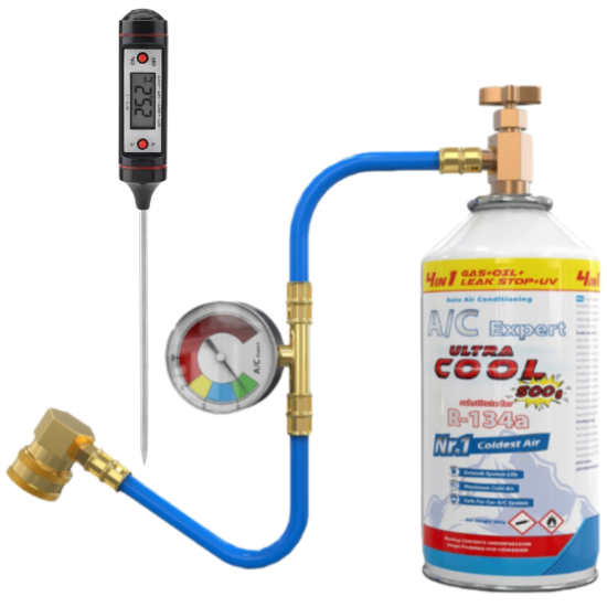 Zestaw 4 w 1 do napełniania klimatyzacji dla aut na R134a + termometr